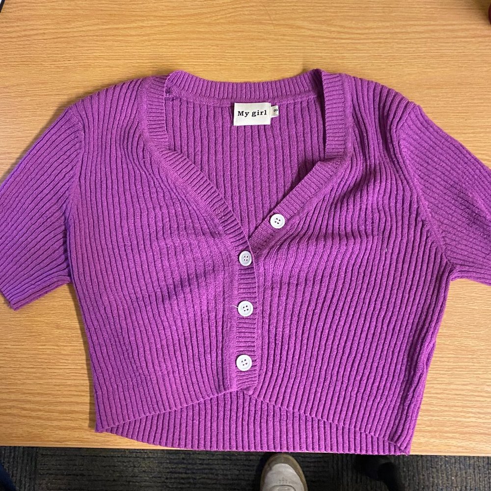 Verge Girl / Princess Polly Purple Short Sleeve Knit Ribbed Cardigan Crop Top